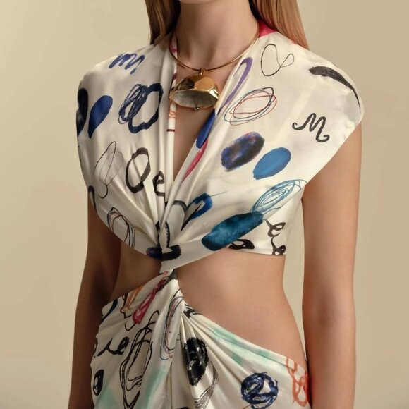 NWT Marina Moscone Off-Shoulder Twist Dress in Dot Print Size 6 High Slit Maxi - Picture 4 of 15